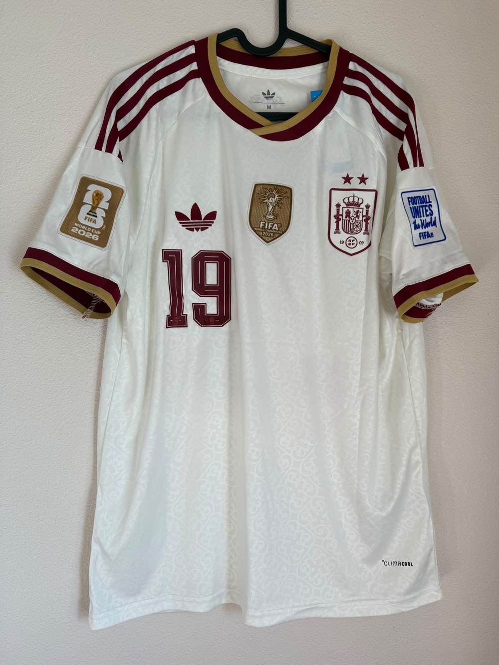 Lamine Yamal White Men's Spain Football Jersey with Maroon & Gold Accents